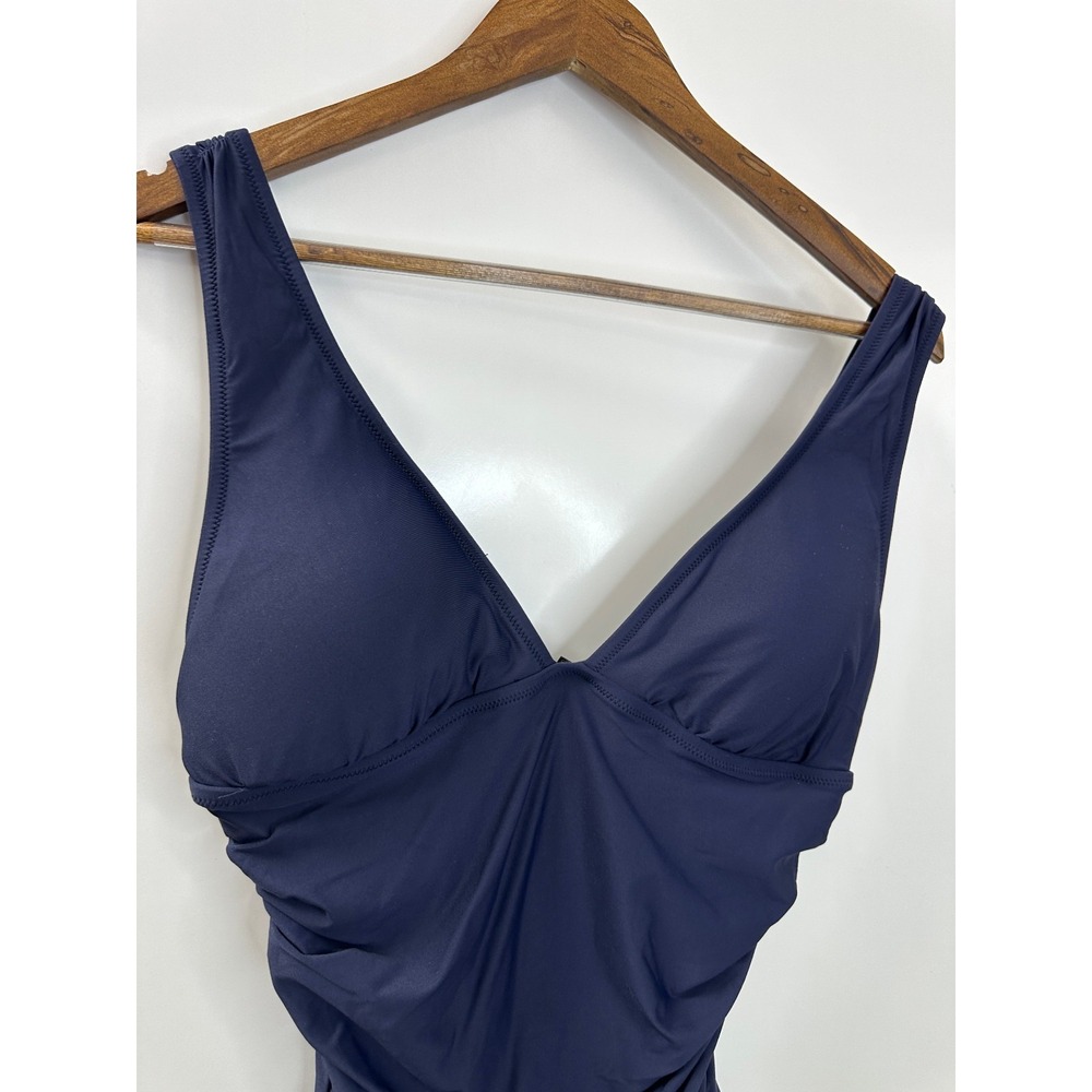 J.Crew Navy Blue Ruched Deep V-Neck One Piece Swimsuit Size 10 Stretch Lined - Picture 6 of 16